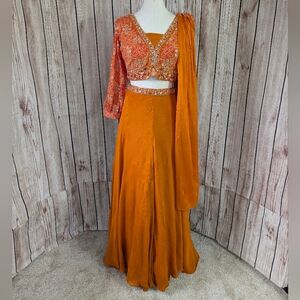 Orange Long Sleeves Crop Top, Palazzo and dupatta Set for Wedding Events